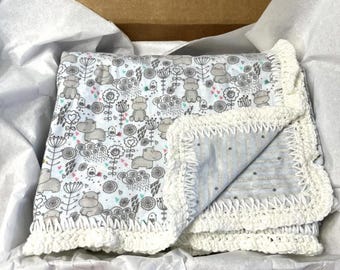 Baby/Toddler Blanket from Little Moon Designs ~ large size double sided with a hand crocheted ruffle edge
