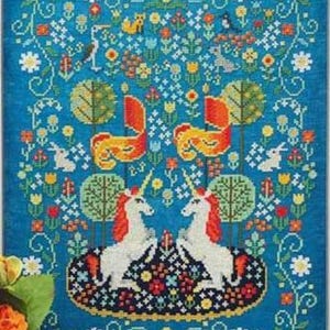 PAPIERKAART - Eenhoorntapijt van klein modernistisch kruissteekkaartontwerp middeleeuws Lady and the Unicorn