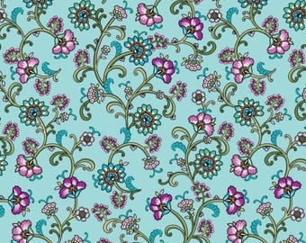 Flora Arabesque Aqua Fabric from Bernartex Fabrics ~ 100% cotton for sewing/quilting