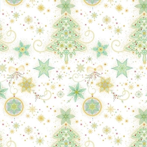 May include: A white fabric featuring a repeating pattern of light green Christmas trees, gold and green star-shaped ornaments, and delicate gold bows. The design includes small gold and red dots, along with swirling gold lines and star accents.
