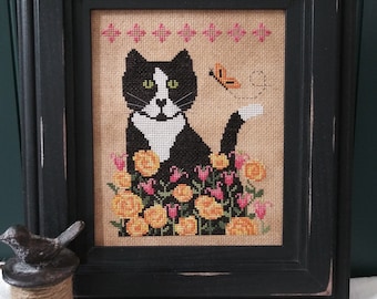 PDF Mr. Belvedere cross stitch pattern chart design Vintage NeedleArts cat flowers primitive country kitten