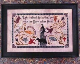 PAPER CHART - Night Walked Down from The Blue Flower - cross stitch chart design primitive moon witch goddess whimsical flowers peacock