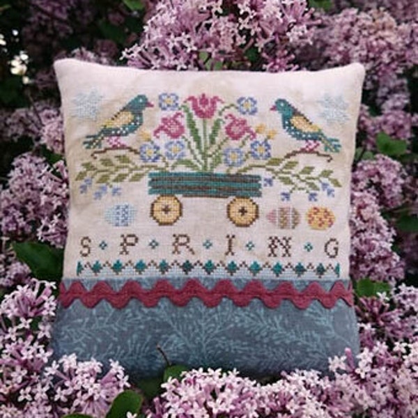 Seasons - Spring by Lila's Studio cross stitch chart design primitive sampler bluebird tulip flowers birds