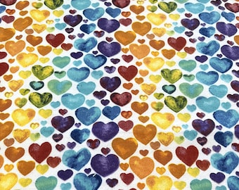 PER YARD ~ Super Snuggle Cotton Flannel Fabric ~ Rainbow Hearts ~ 100% cotton brushed for softness rainbow colored watercolor hearts