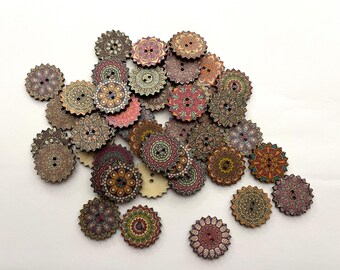 Wooden Boho Large Kaleidescope Flower Buttons (6 per package) - each package contains a random assortment of various colors and patterns