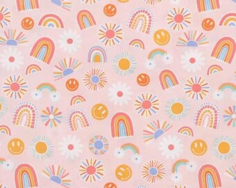 Retro Vibes Calico Fabric from Brother Sister Design Studio ~ 100% quilter's cotton sewing/quilting rainbow peace hippie boho flowers peach