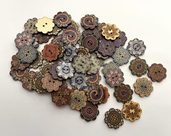Wooden Boho Large Flower #3 Buttons (6 per package) - each package contains a random assortment of various colors and patterns