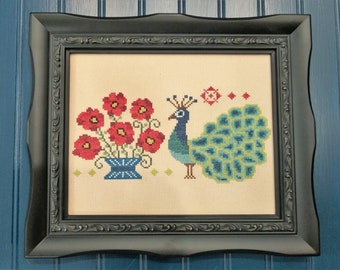PDF Poppycock Peacock cross stitch design pattern chart Vintage NeedleArts flowers poppy bird whimsical country