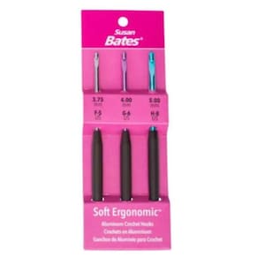 Susan Bates Soft Ergonomic Silvalume Crochet Hooks ~ Set of three (F5/3.75, G6/4.00 and H8/5.00) aluminum hook with soft handle