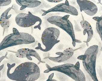 HALF YARD ~ Blue Whales and Narwhales Cotton Flannel Fabric ~ 100% cotton - brushed for softness 18x43 inches