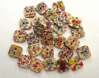 Funky Squares Wood Buttons (BTN-32) - pack of 6 - each pack contains an assortment of patterns