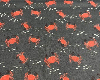 PER YARD ~ Quilter's Showcase Crazy Crab on Navy Fabric ~ 100% cotton - red crabs on a dark navy-blue background