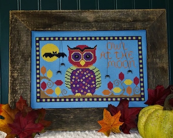 PDF Owl at the Moon cross stitch pattern chart Vintage NeedleArts Teresa Webendorfer Halloween owl fall autumn design