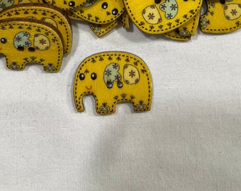 Yellow Boho Elephant Wood Button from Vintage NeedleArts painted wood 1" wide primitive embellishment decoration