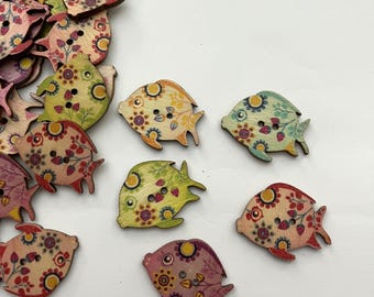 Wooden Boho Large Fish Buttons (6 per package) - each package contains a random assortment of various colors and patterns