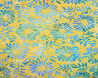 PER YARD ~ Blue & Green Daisy Batik ~ 100% cotton sewing quilting fabric flowers yellow background