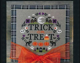 PAPER CHART - Halloween Wreath by Tiny Modernist cross stitch chart design Halloween October 31st pumpkin sampler trick or treat