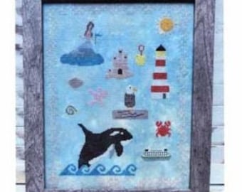 PAPER CHART - Beach Sampler by Sambrie Stitches Designs - cross stitch chart design primitive ocean lighthouse mermaid whale pelican