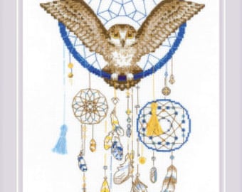 KIT - Owl Dreams counted cross stitch kit from Riolis - dream catcher feathers owl