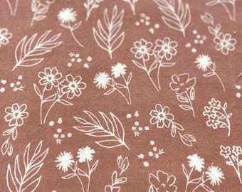 PER YARD ~ White Flowers on Peach Cotton Flannel Fabric ~ 100% cotton Boho daisies leaves