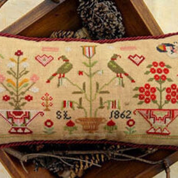 SL 1862 - Small Sampler by Lila's Studio cross stitch chart design primitive sampler birds adaptation of the 1862 Savanna Lynch sampler