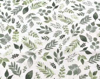 PER YARD ~ Eucalyptus Leaf Print Cotton Flannel Fabric ~ 100% cotton green leaves on white background
