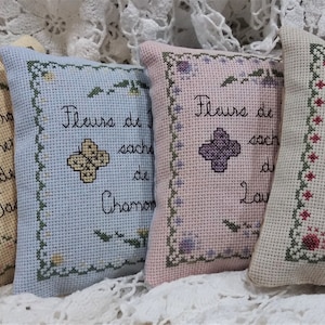 Conjunto de sachês Flores da Provença em PDF, gráfico de padrão de design de ponto cruz, lavanda, rosa, camomila, jasmim, perfumado, francês