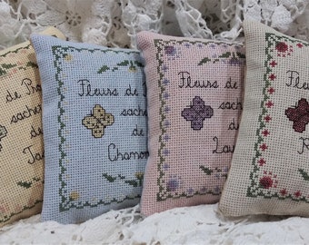 PDF Flowers of Provence Sachet Set cross stitch design pattern chart Vintage NeedleArts lavender rose chamomile jasmin scented French
