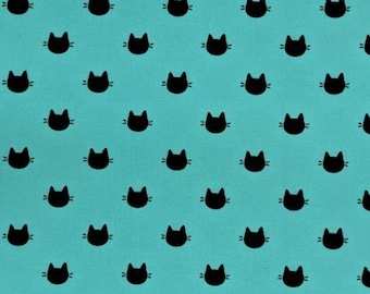PER YARD ~ Turquoise Kitty Dots ~ 100% cotton sewing quilting fabric black cats kitten
