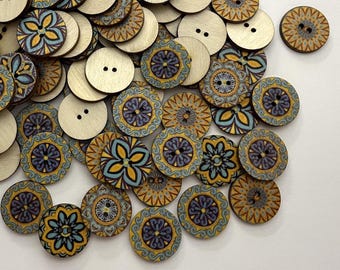 Blue/Gold Medallion Wood Buttons (BTN-19/22 ) - pack of 6 - contains a random assortment of various patterns