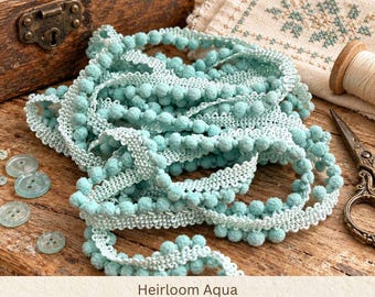 Heirloom Aqua Hand Dyed Mini Pom Pom Trim (MPP-58) ~ 2 continuous yards per package