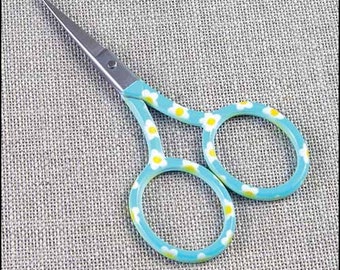 3 3/4" Blue and Yellow Floral Print - Embroidery Scissors stainless steel cross stitch needlepoint small sewing sharp needlework crafts