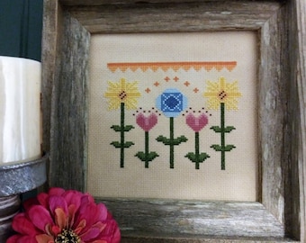 PDF Soak Up the Sun cross stitch design pattern chart Vintage NeedleArts flowers sun boho country folk art sunflowers