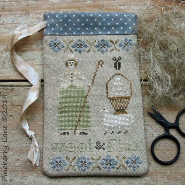 Wool & Flax by Pineberry Lane cross stitch design embroidery needlepoint designs pattern antique sewing bag clutch goat shepherd wallet