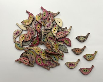 Wooden Boho Small Bird Buttons (6 per package) - each package contains a random assortment of various colors and patterns