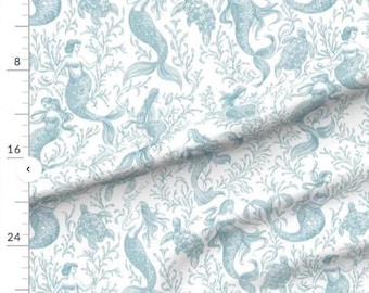 Mermaid Turtle Toile in Seafoam Fabric from Spoonflower ~ 100% cotton TWO YARD printed panel for sewing and quilting
