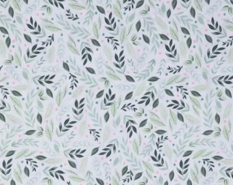 PER YARD ~ Bloom Dot Cotton Calico Fabric ~ quilter's cotton green leaves with pink and green polka dots on a white background