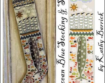 PAPER CHART - The Ocean Blue Stocking and Sampler from Kathy Barrick - cross stitch chart design primitive Christmas whale mermaid coastal