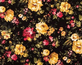 PER YARD ~ Cottage Rose Floral Cotton Calico Fabric ~ quilter's cotton shabby chic French Country flowers on a black background