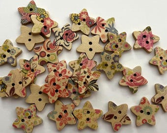 Floral Star Wood Buttons (BTN-31) - pack of 6 - each pack contains an assortment of patterns
