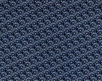 PER YARD ~ Navy Blue Bandana Paisley Cotton Calico Fabric ~ quilter's cotton white paisley and flowers on dark blue background