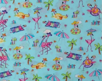 Flamingos on the Beach Fabric from Robert Kaufman ~ 100% cotton for sewing/quilting