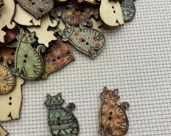 Wooden Boho Cat Buttons (6 per package) - each package contains a random assortment of various colors and patterns