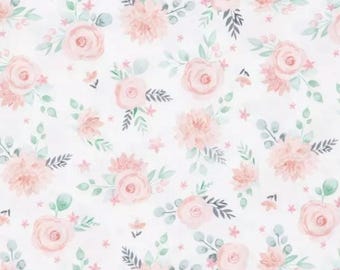 PER YARD ~ Gracie Floral Cotton Calico Fabric ~ quilter's cotton white background with pink flowers and green leaves floral feminine