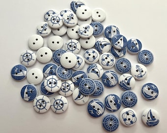 Blue/White Nautical Wood Buttons (BTN-35) - pack of 6 - contains a random assortment of various patterns
