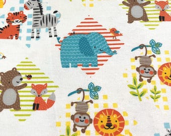 PER YARD ~ Super Snuggle Cotton Flannel Fabric ~ Animal Friends ~ 100% cotton brushed for softness tiger giraffe zebra bear monkey on white