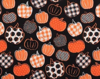 Patterned Pumpkins Cotton Fabric from Brother Sister Design Studio ~ 100% quilter's cotton for sewing or quilting black background Halloween