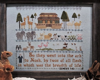 PDF Two by Two cross stitch design pattern chart Vintage NeedleArts primitive Christian Noah's ark sampler animals bible story religious