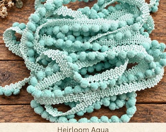 Heirloom Aqua Hand Dyed Mini Pom Pom Trim (MPP-58) ~ 2 continuous yards per package