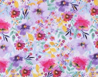 PER YARD ~ Bright Watercolor Floral Cotton Calico Fabric ~ quilter's cotton purple pink yellow green flowers on a white background
